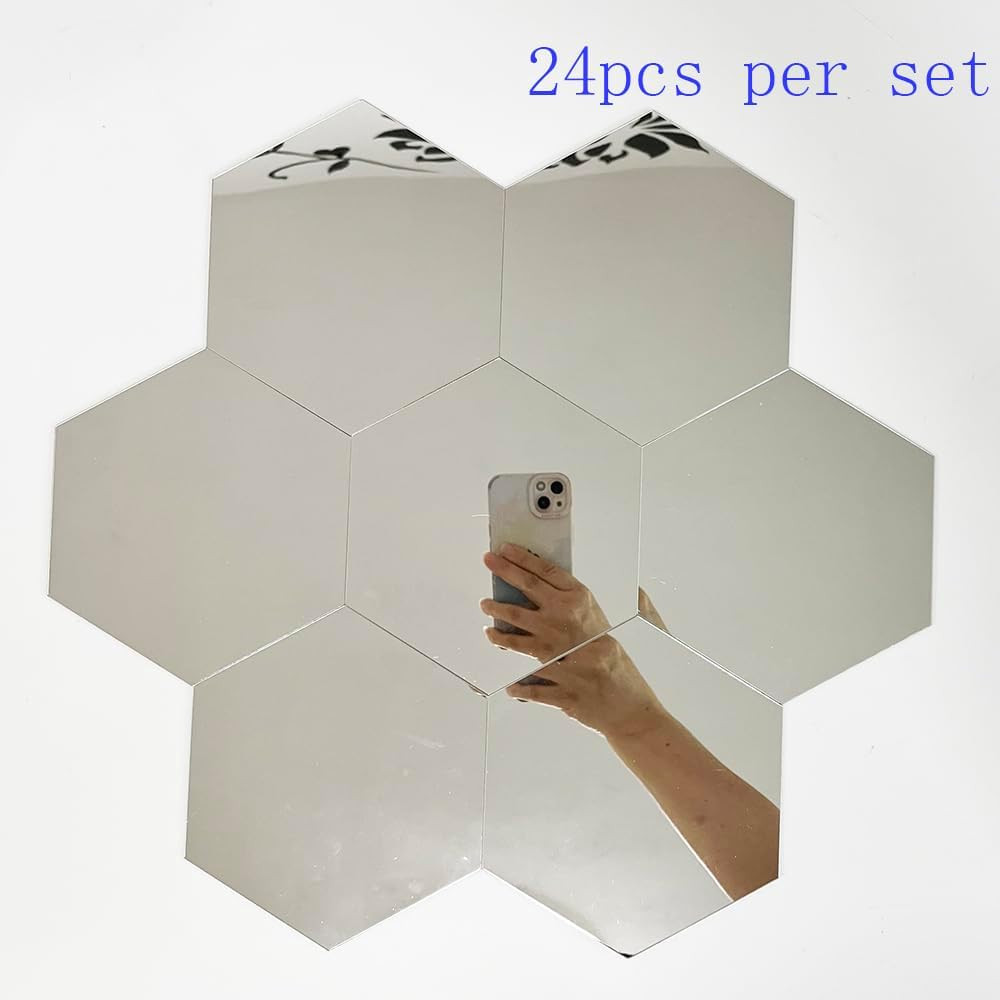 24pcs Silver Hexagon Mirror Acrylic Wall Stickers with