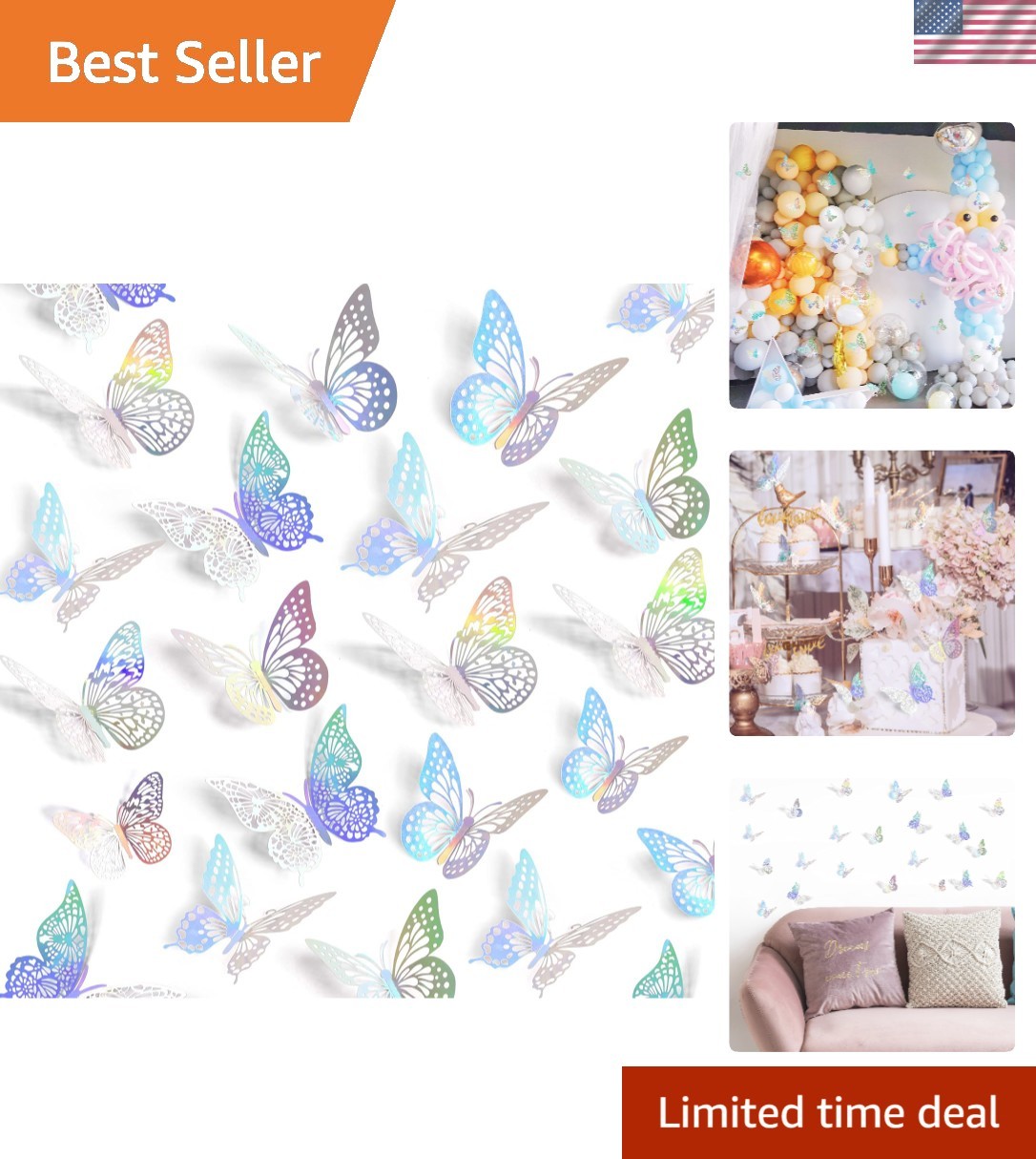 72 Pcs Art Deco Butterfly Wall Decals – Metallic Removable for Home & Events