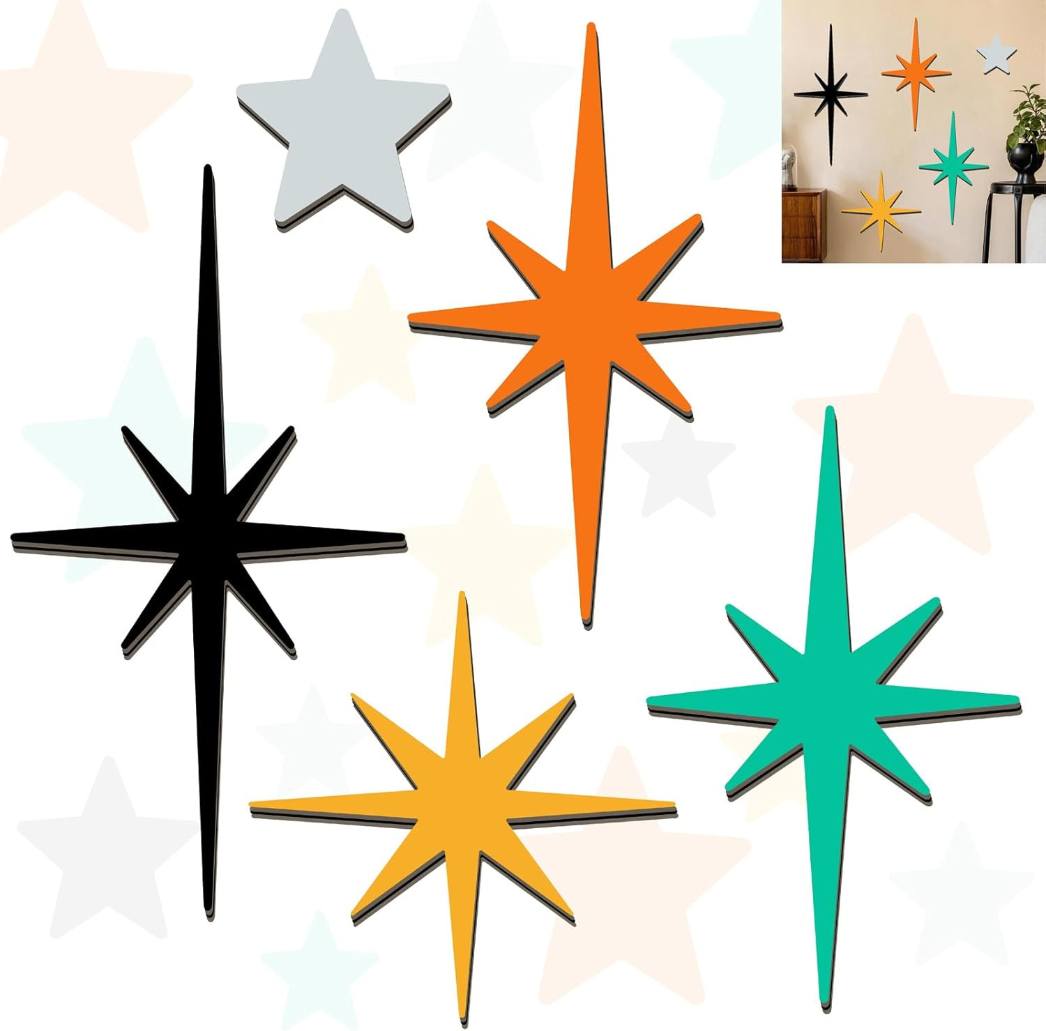 5 Pcs Wooden Atomic Stars Wall Decals Mid Century Wall Decor Modern Star Wall Ar