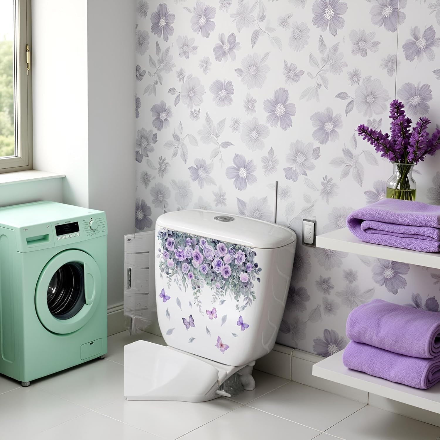 Botanical Bathroom Stickers with Purple Roses, Waterproof Removable Decals for T