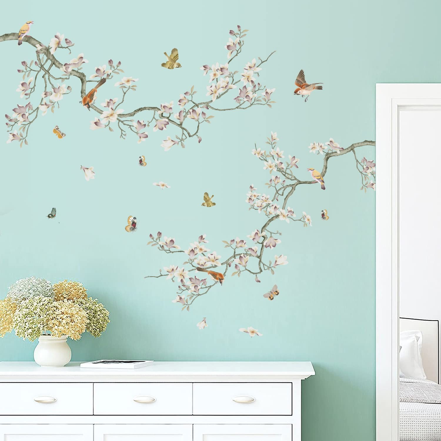 Removable 3D Two Curved Tree Branches Leaves With Colorful Flying Birds Wall …