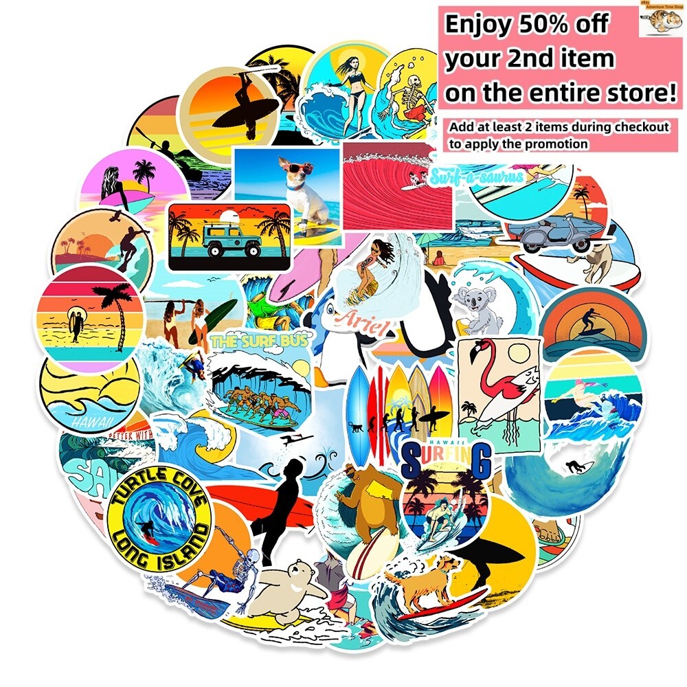 50 Pcs Stickers Summer Vacation Surfing Sports Beach Car Luggage Laptop Vinyl