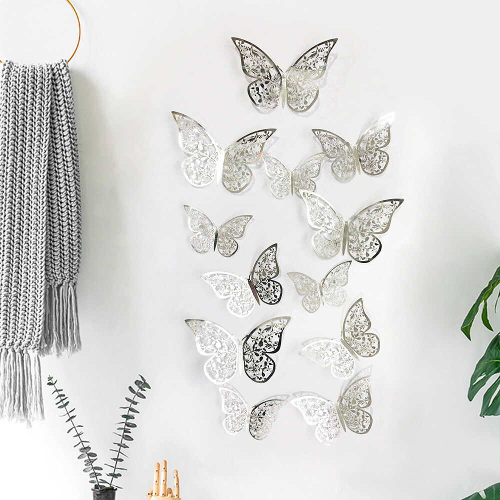 12 pcs 3d cute rose, silver, and gold butterfly wall decor, party, wedding, diy