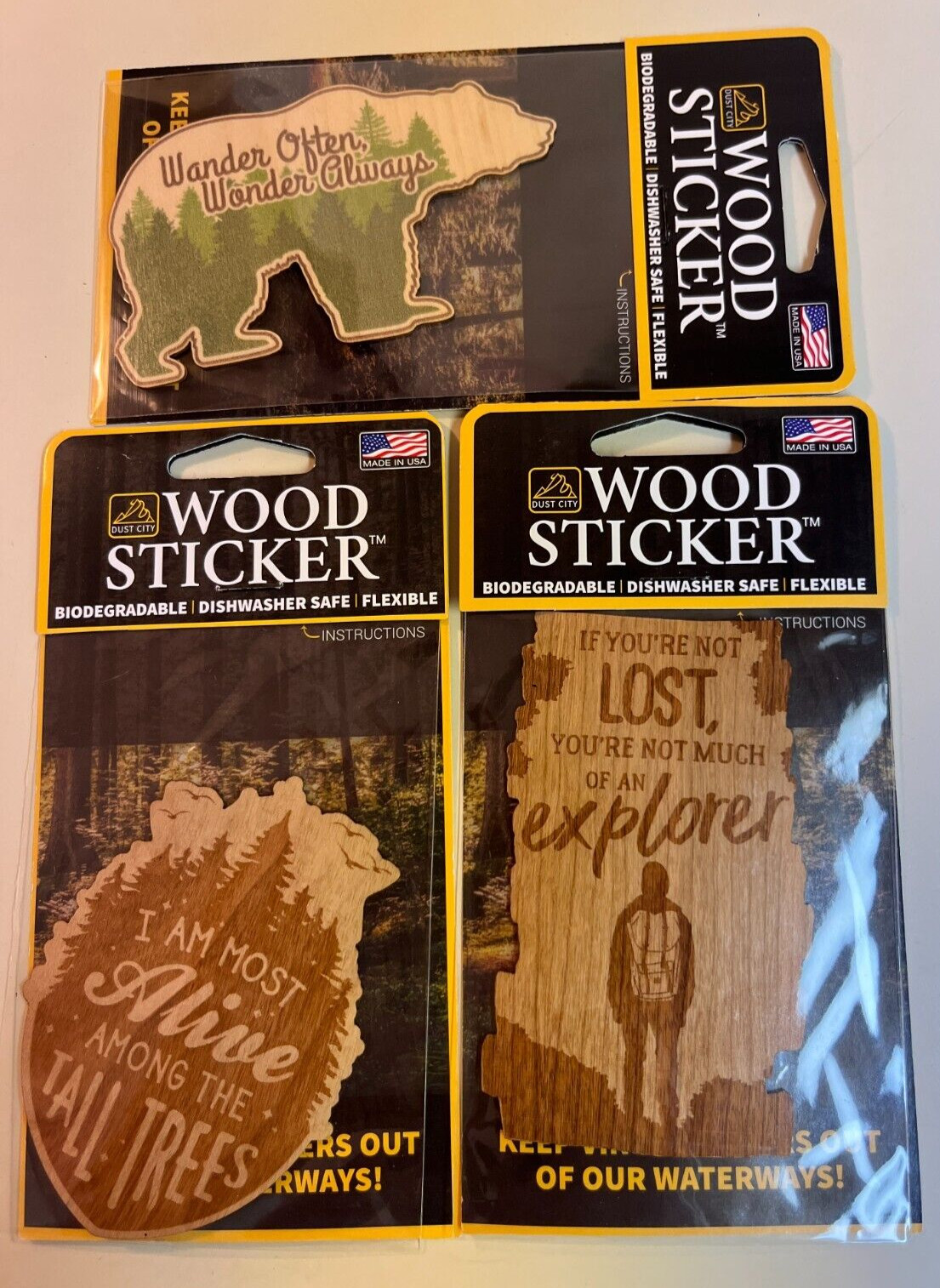 Dust City Wood 3 Stickers Lot Back to School, Nature, Bear, Trees, Explorer