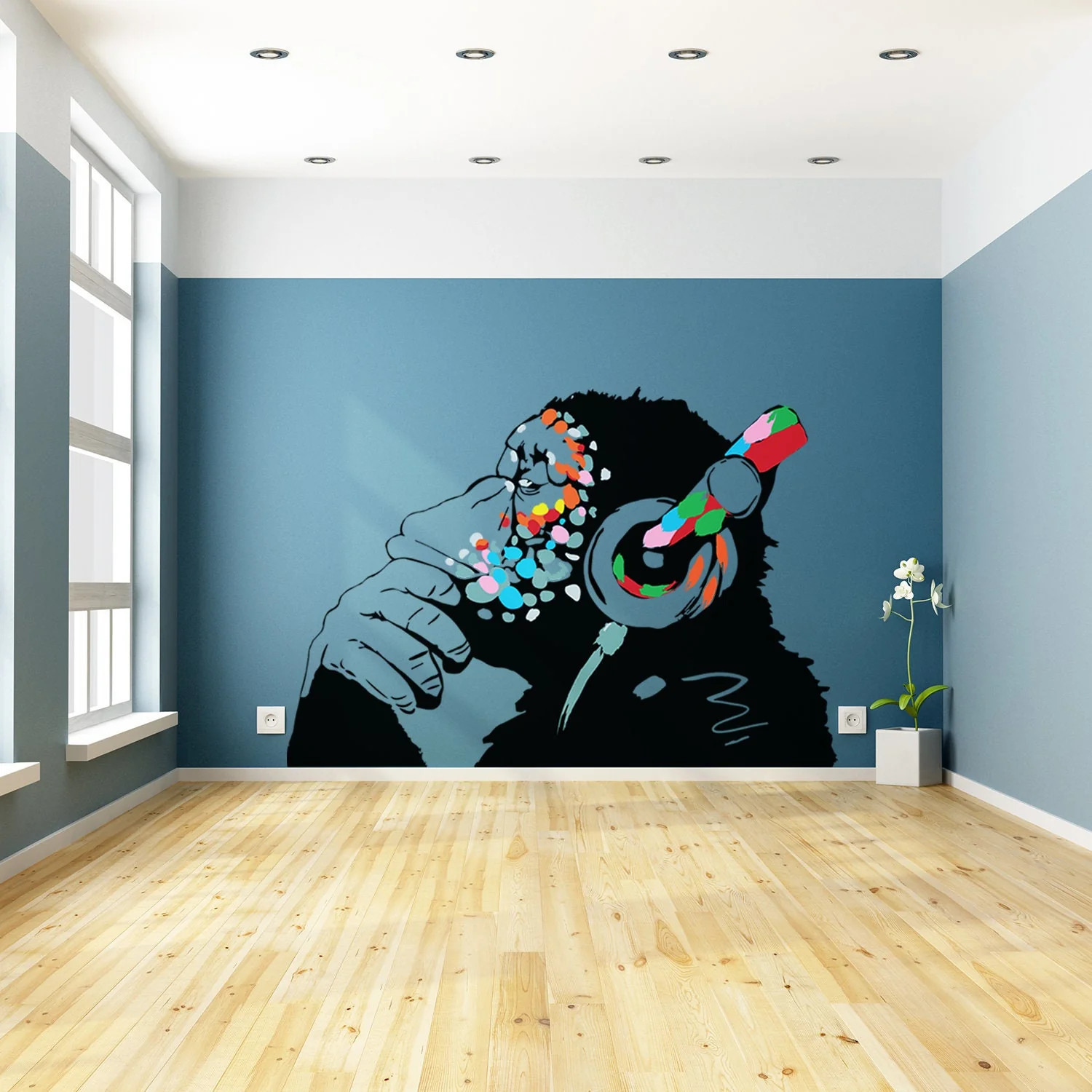 Artist Monkey With Headphones Wall Sticker – Large Bansky Thinking Dj Chimp
