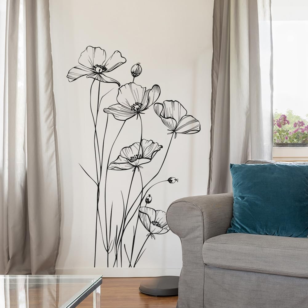 Black and White Poppy Flower Wall Decal Minimalist Sketch Botanical Wall Art …
