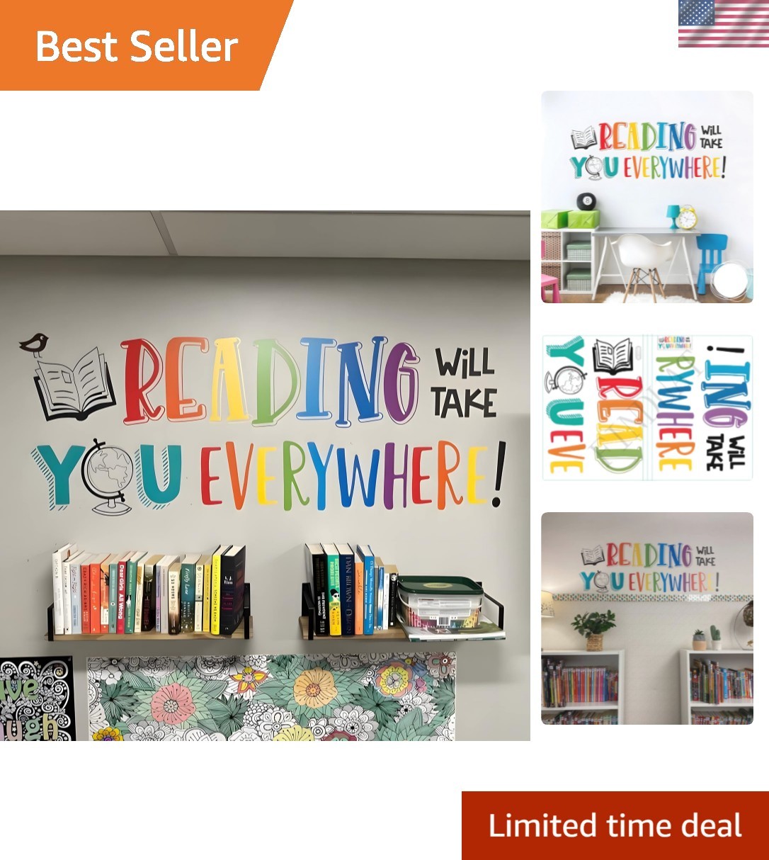 Reading Will Take You Everywhere Inspirational Quote Wall Decal Sticker, Moti…