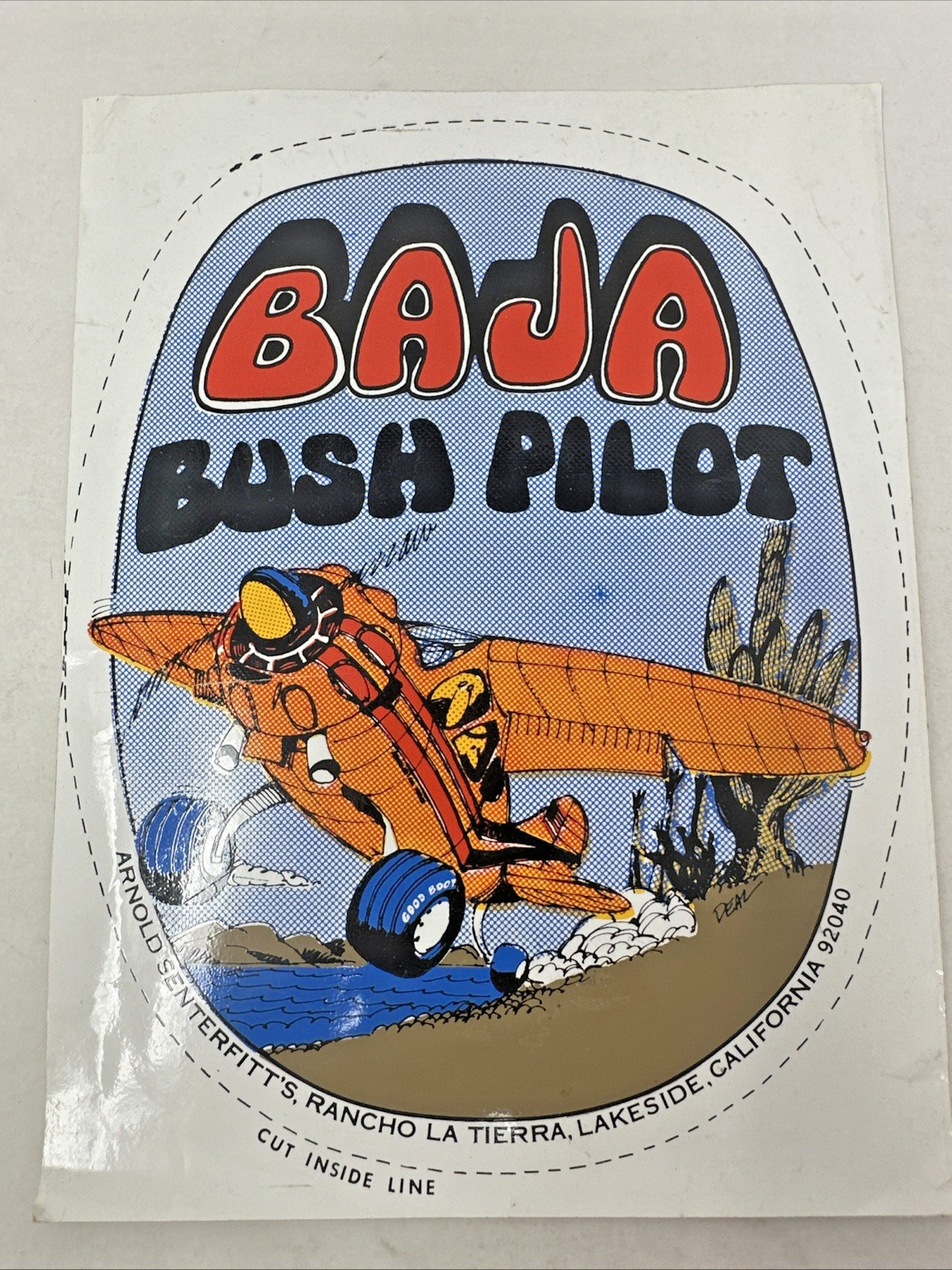Vtg Baja Bush Pilot Blue Sticker Decal Arnold Senterfitt Airplane 7.5" Very Rare