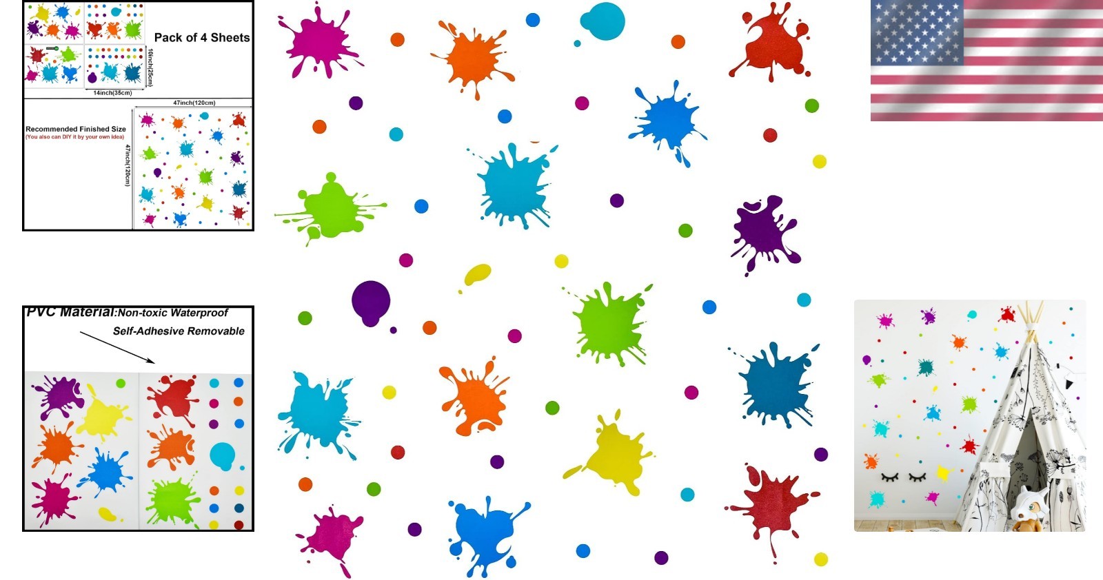 Colorful Paint Splatter Wall Sticker Decal 47×47 Inch Kids Room Art Decor