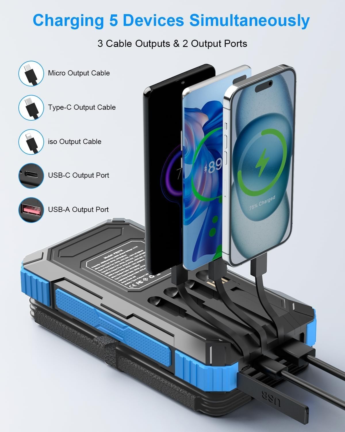 Solar Charger Power Bank 49800Mah with 4 Built-In Cables & 3 Foldable Panels, PD