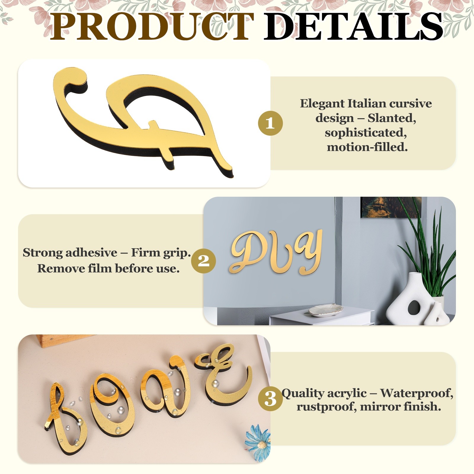 3D Acrylic Alphabet Mirror Wall Sticker Letter F for Home, Light Gold