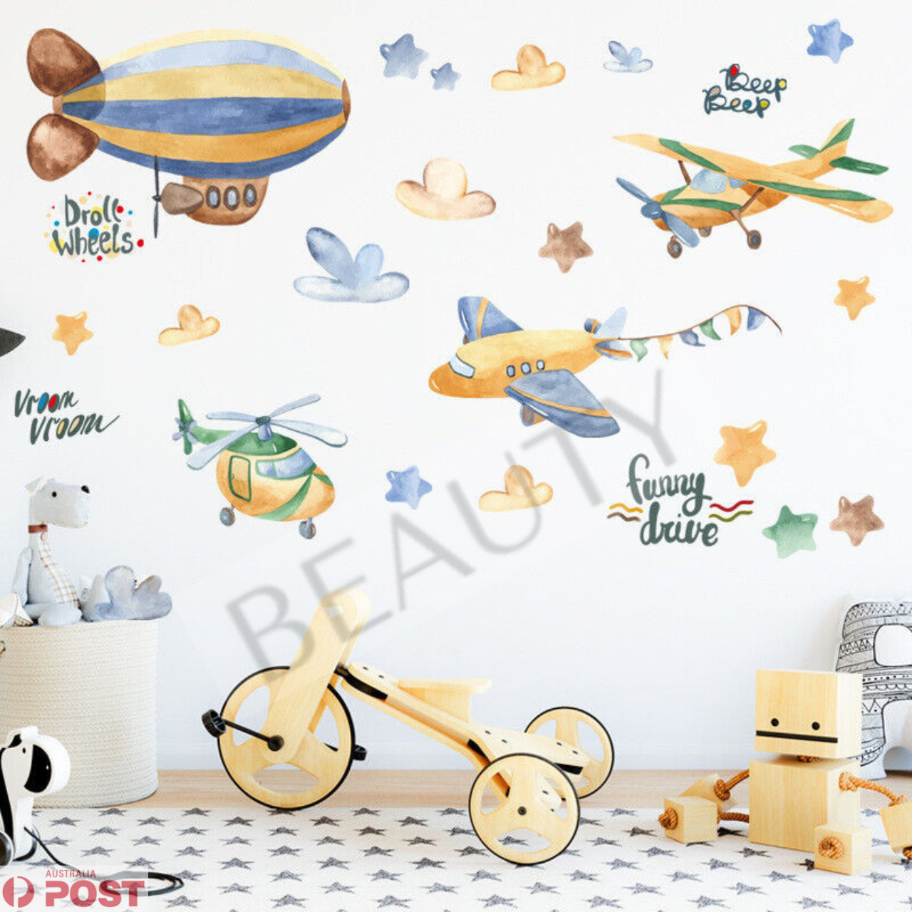 Boys Planes Stars Watercolour Removable Wall Sticker Nursery Decal Decor DIY Fun