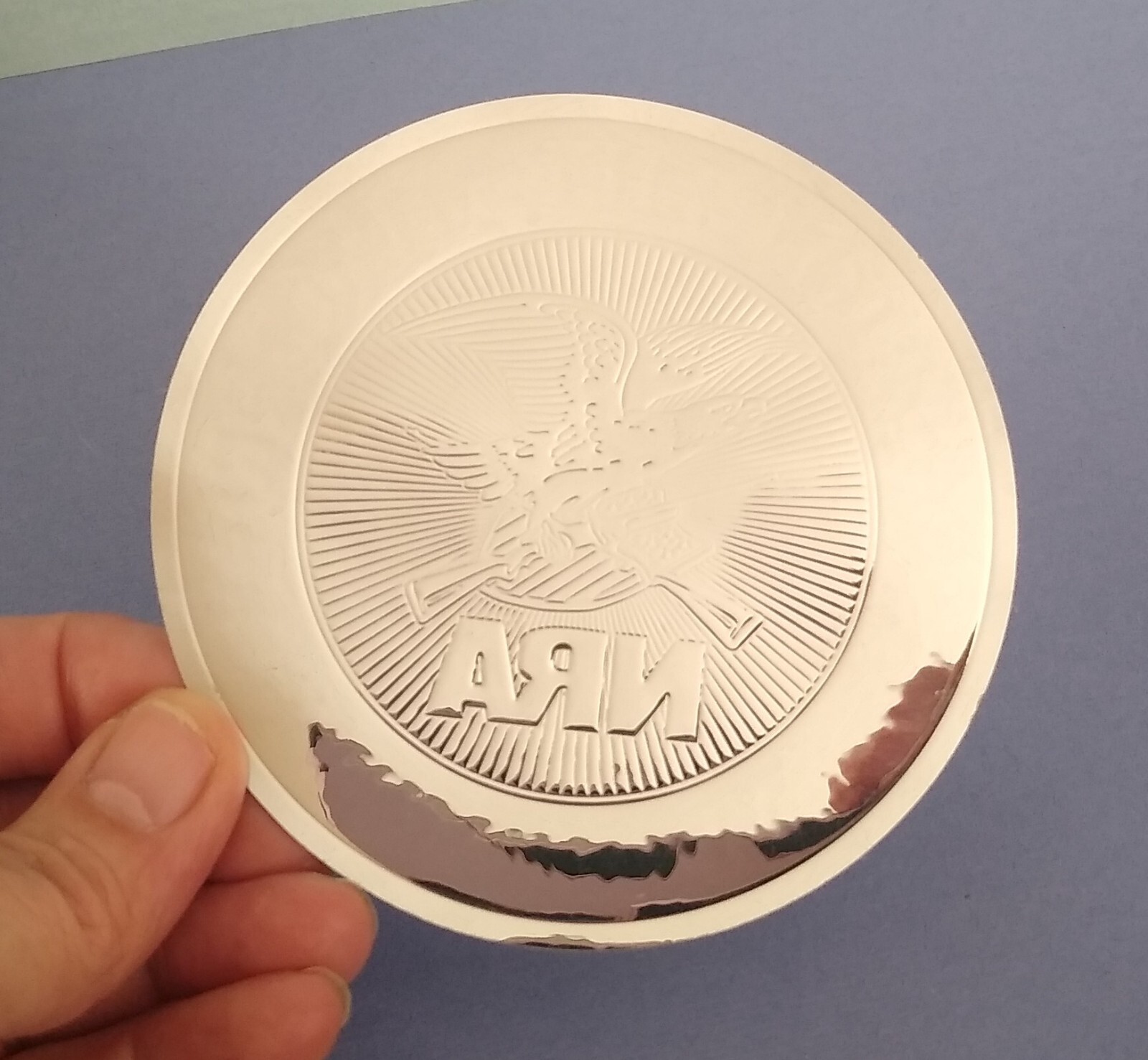 Rare NRA Solid Silver Decal Sticker, Round 3.5" Embossed Metallic