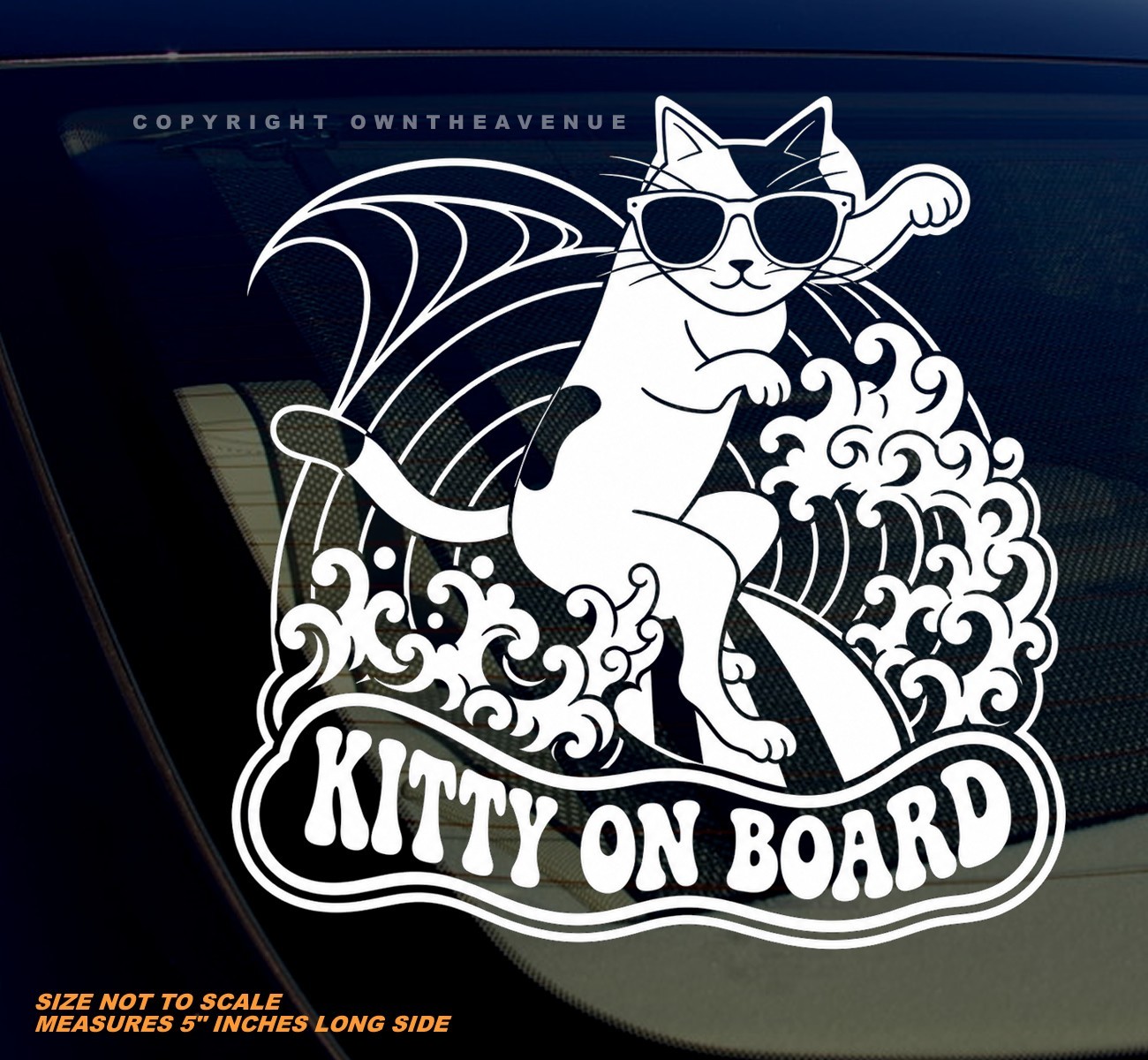 Kitty On Board Surfing Humor Joke Pet Vinyl White Decal – 5" Inches Long Side