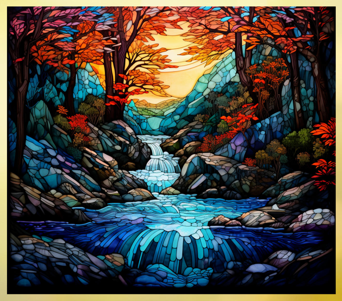 Fall Trees & Stream Faux Stained-Glass WINDOW CLING Size 9.1" Vinyl