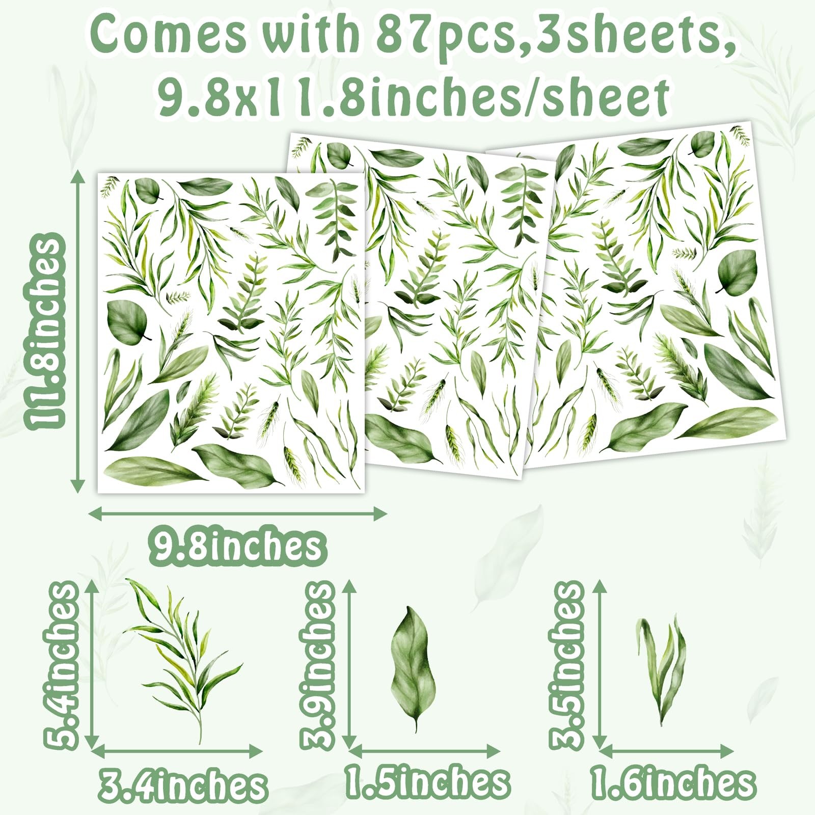 Green Leaf Wall Stickers Plant Leaf Wall Decals Peel and Stick Botanical Smal…