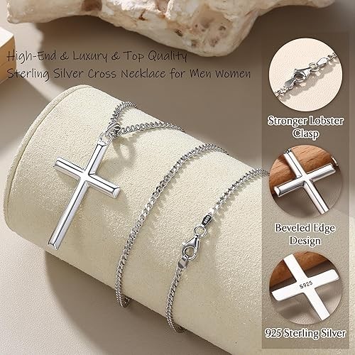 Solid 925 Sterling Silver Cross Necklace for Men Women, 2mm Durable Diamond-Cut