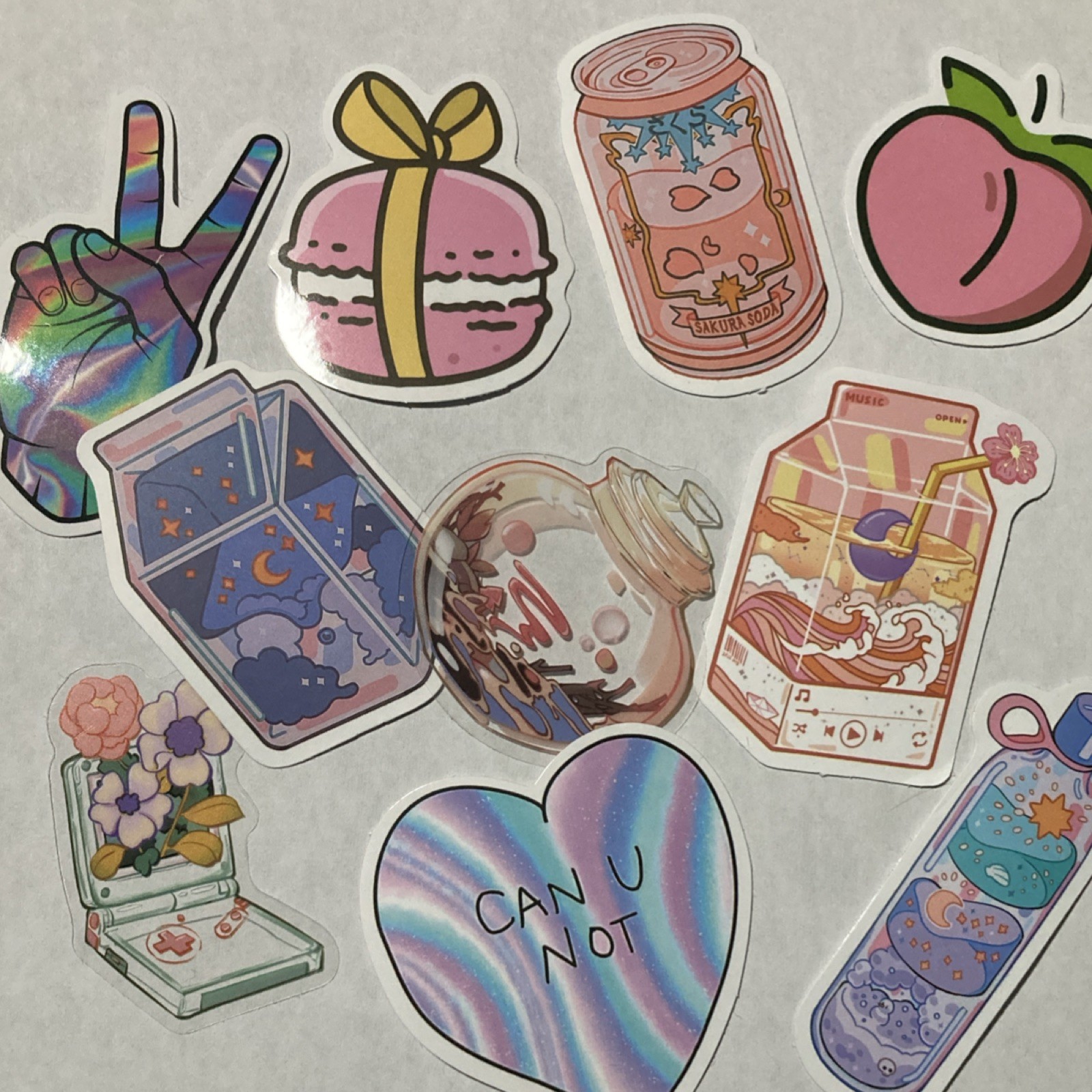 10 Whimsical Multicolor Stickers, Holographic Pastel, Food & Nature
