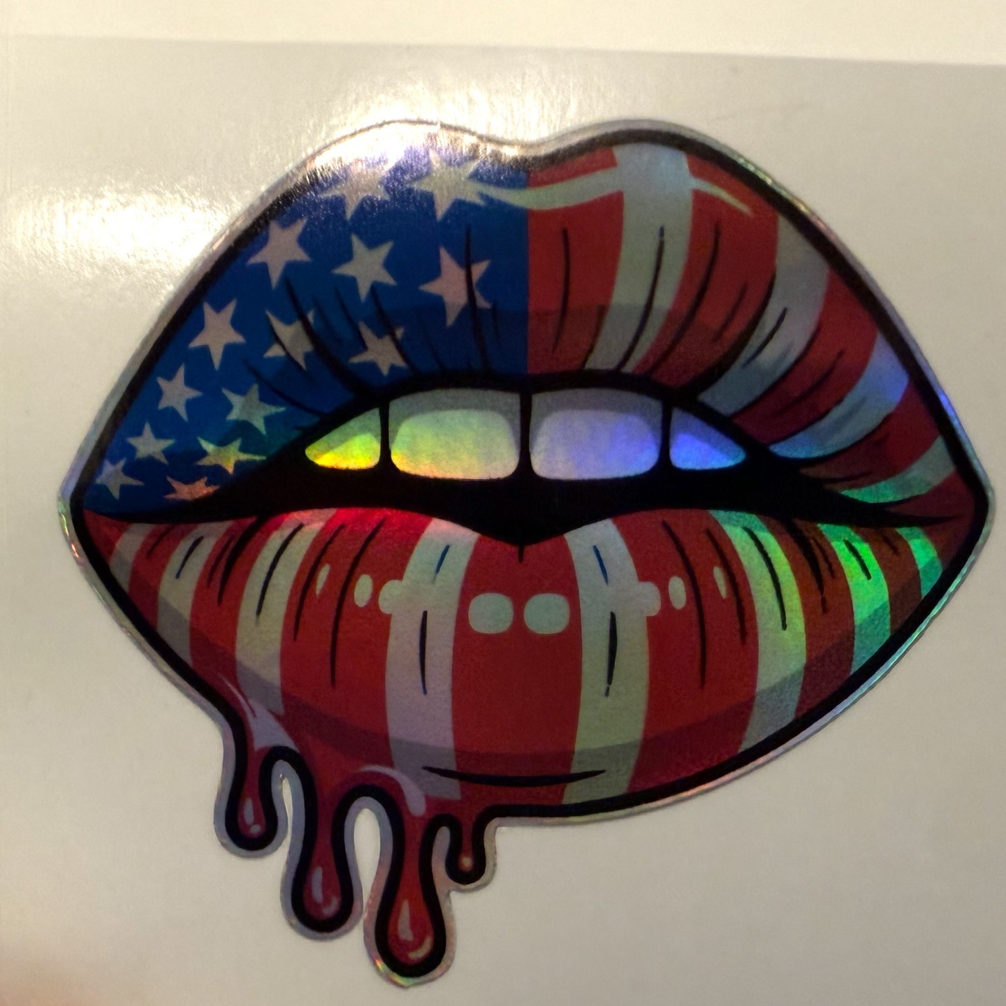 American Flag Drip Lips Sticker Decal – Patriotic USA Holographic Car Laptop