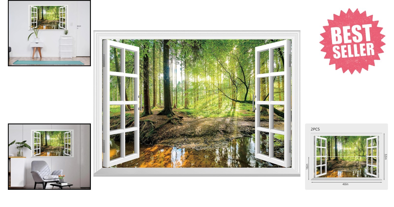 Tropical Jungle Faux Window Wall Mural – 48"x32" Decorative Stickers Set