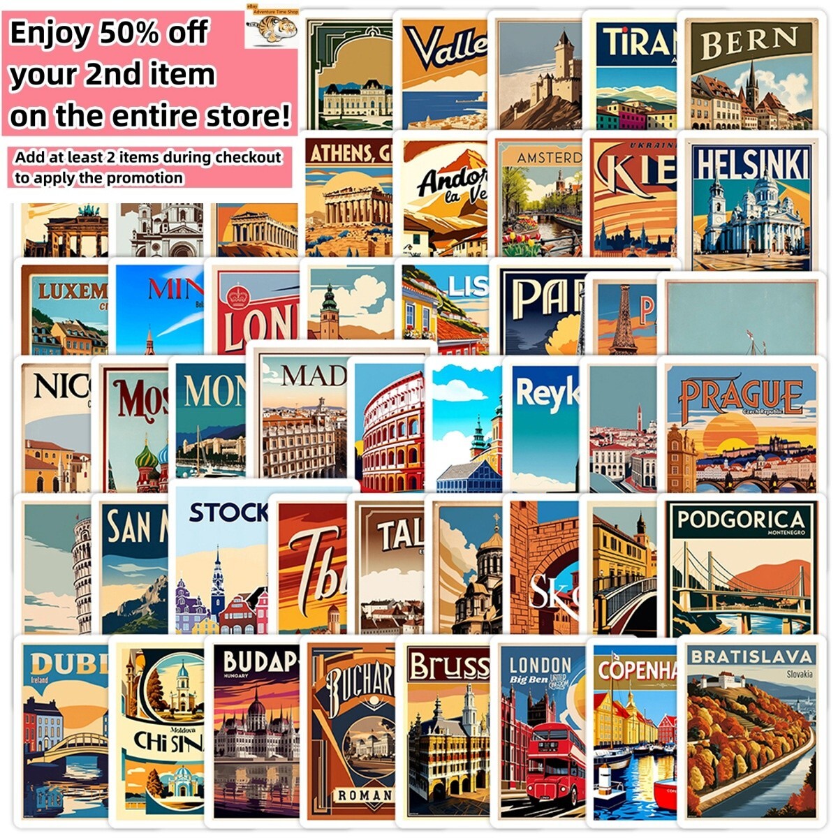 50pc Waterproof Stickers Europe Iconic Landmarks Trip Vacation Luggage Phone Car