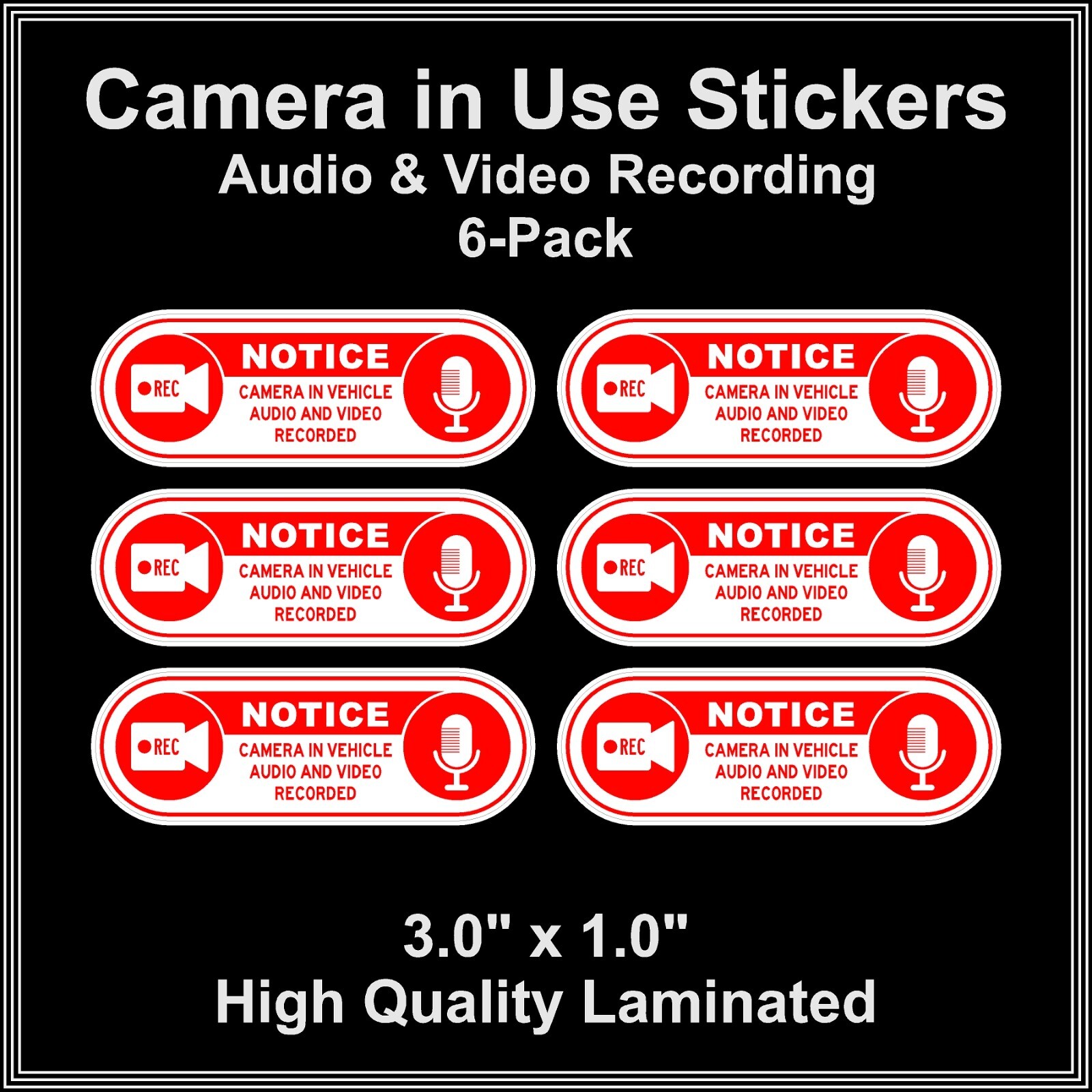 Camera in Car Recording Video 6-Pack Decals Red & White 3.0" x 1.0" for Uber