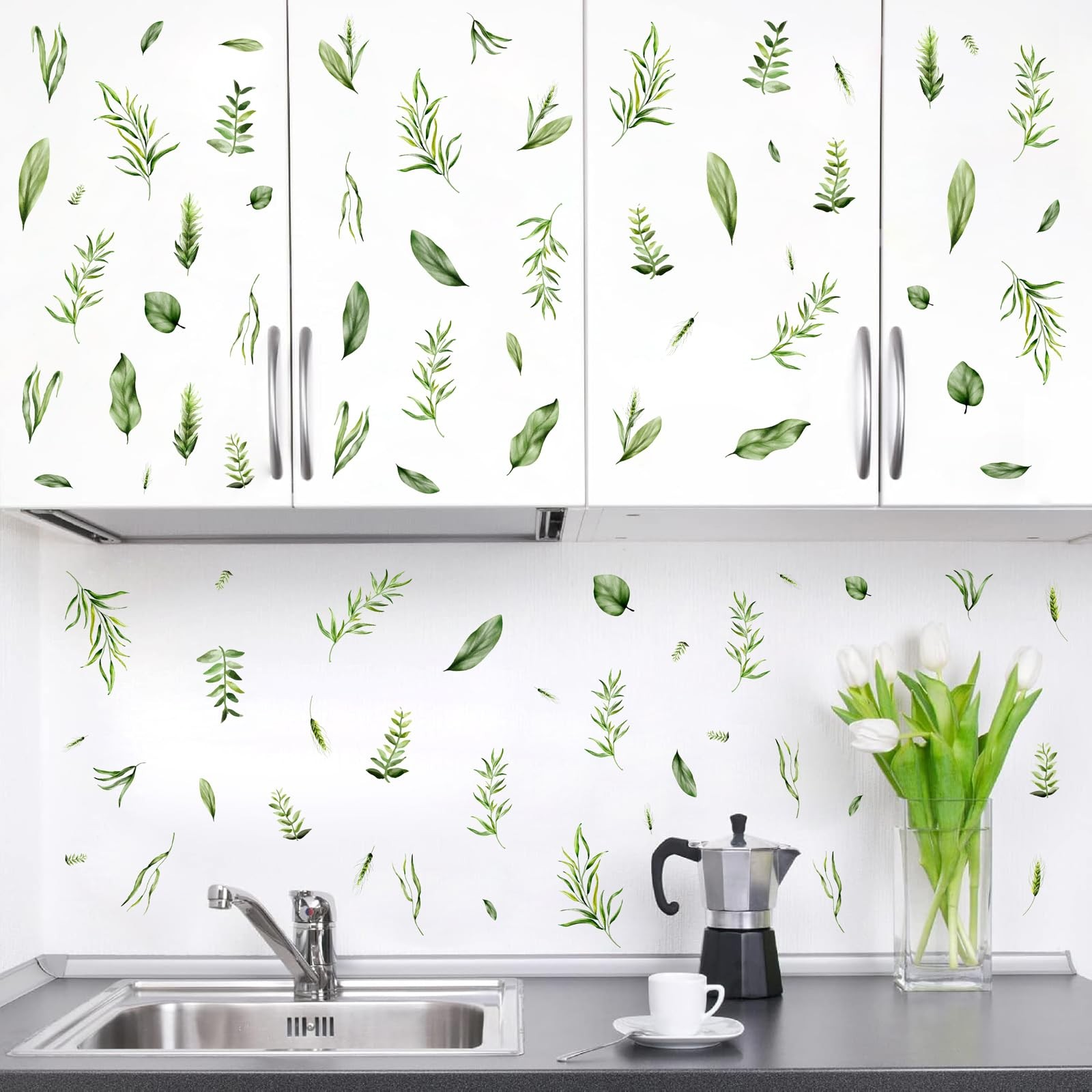 Green Leaf Wall Stickers Plant Leaf Wall Decals Peel and Stick Botanical Smal…