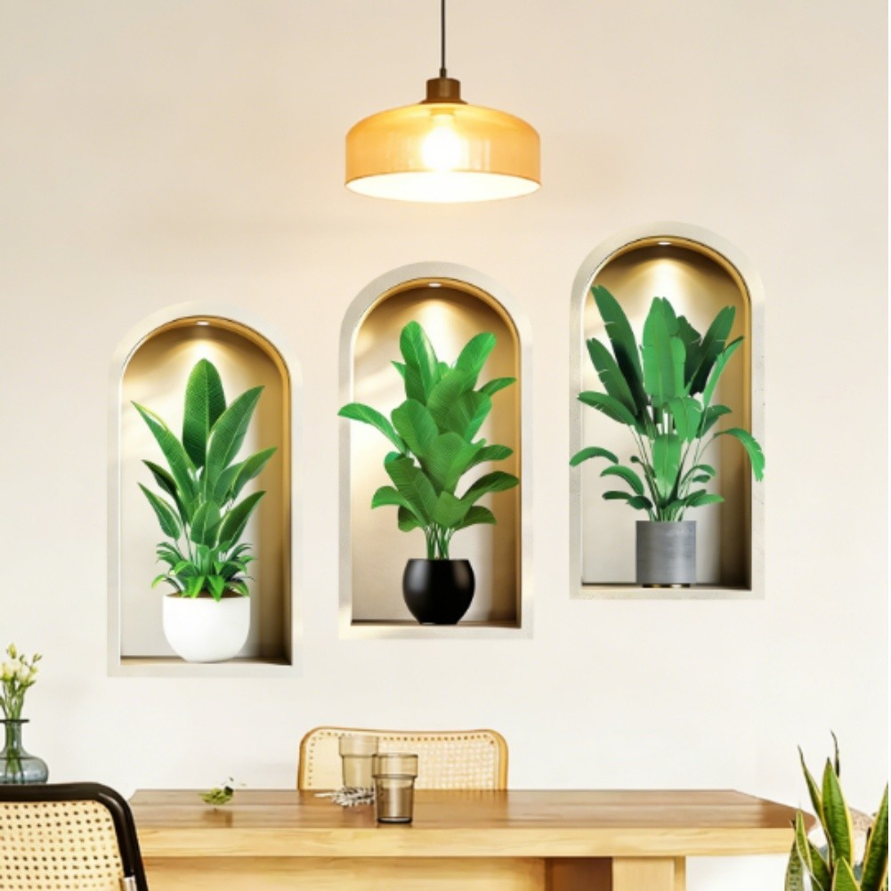 3PCS 3D Wall Stickers Plants Wall Stickers,Green Potted Plants Wall Stickers
