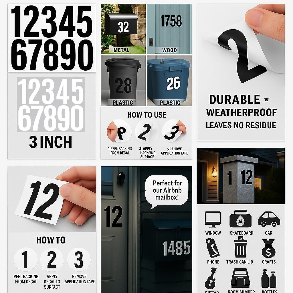 Large 3-Inch Vinyl Number Stickers – 60 Durable Address Labels for All Surfaces