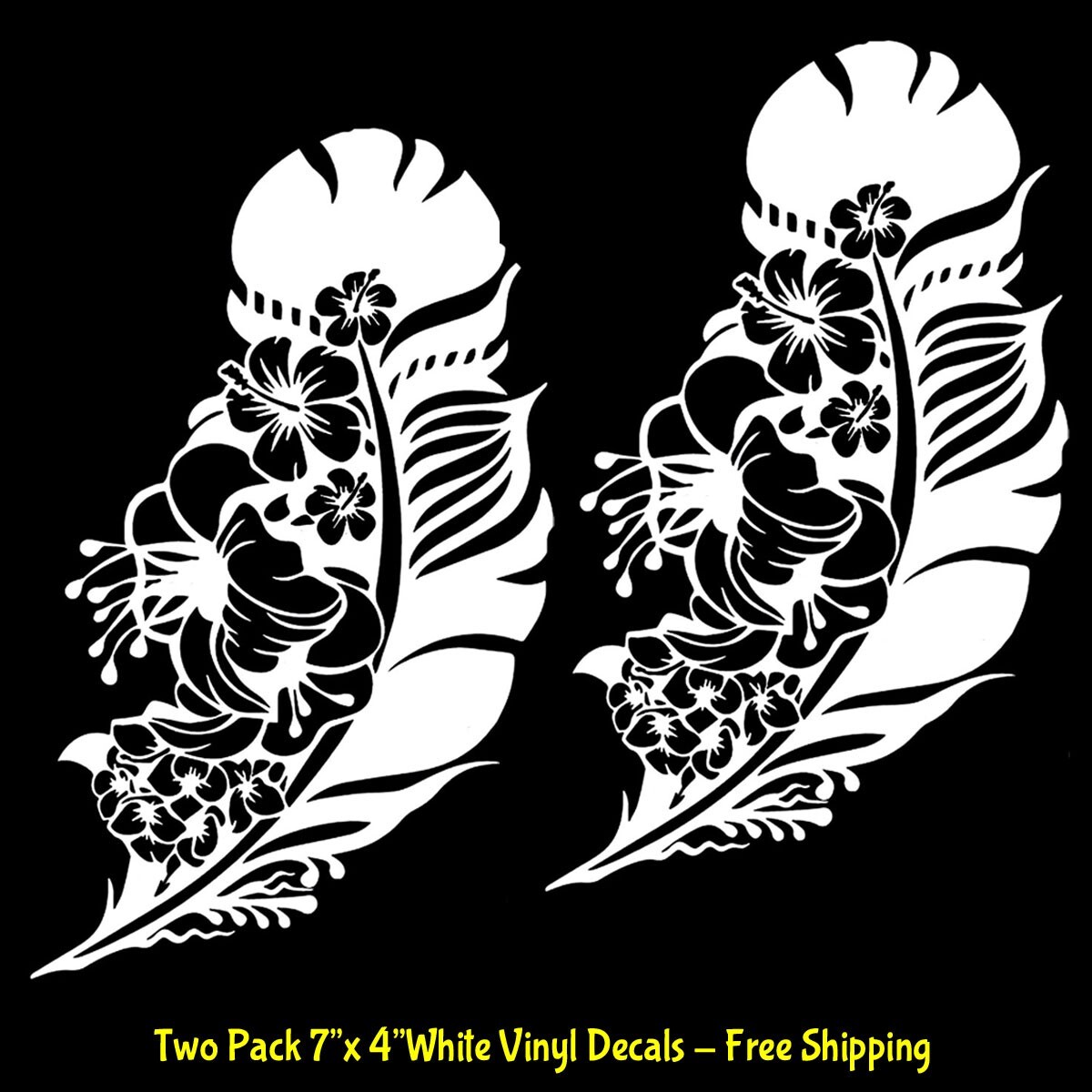 Hibiscus Hawaiian Flower Botanical Feather 2 Pk 7" White Vinyl Decals Car Window