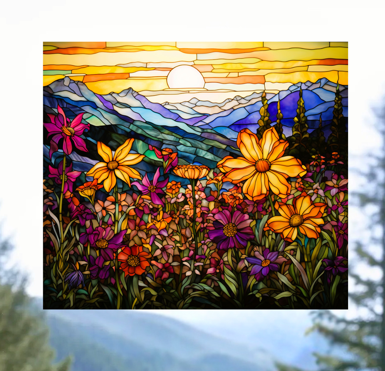 Wildflowers, Mountains & Sunset Faux Stained-Glass WINDOW CLING Size 9.1" Vinyl