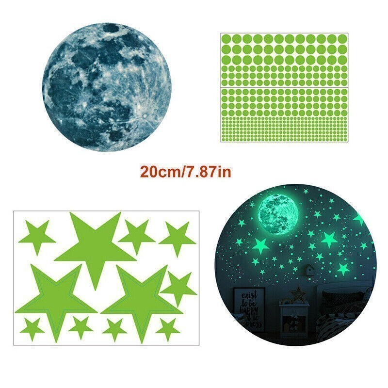 Luminous Blue Moon & Stars Wall Stickers Glow In The Dark Removable Decal Decor