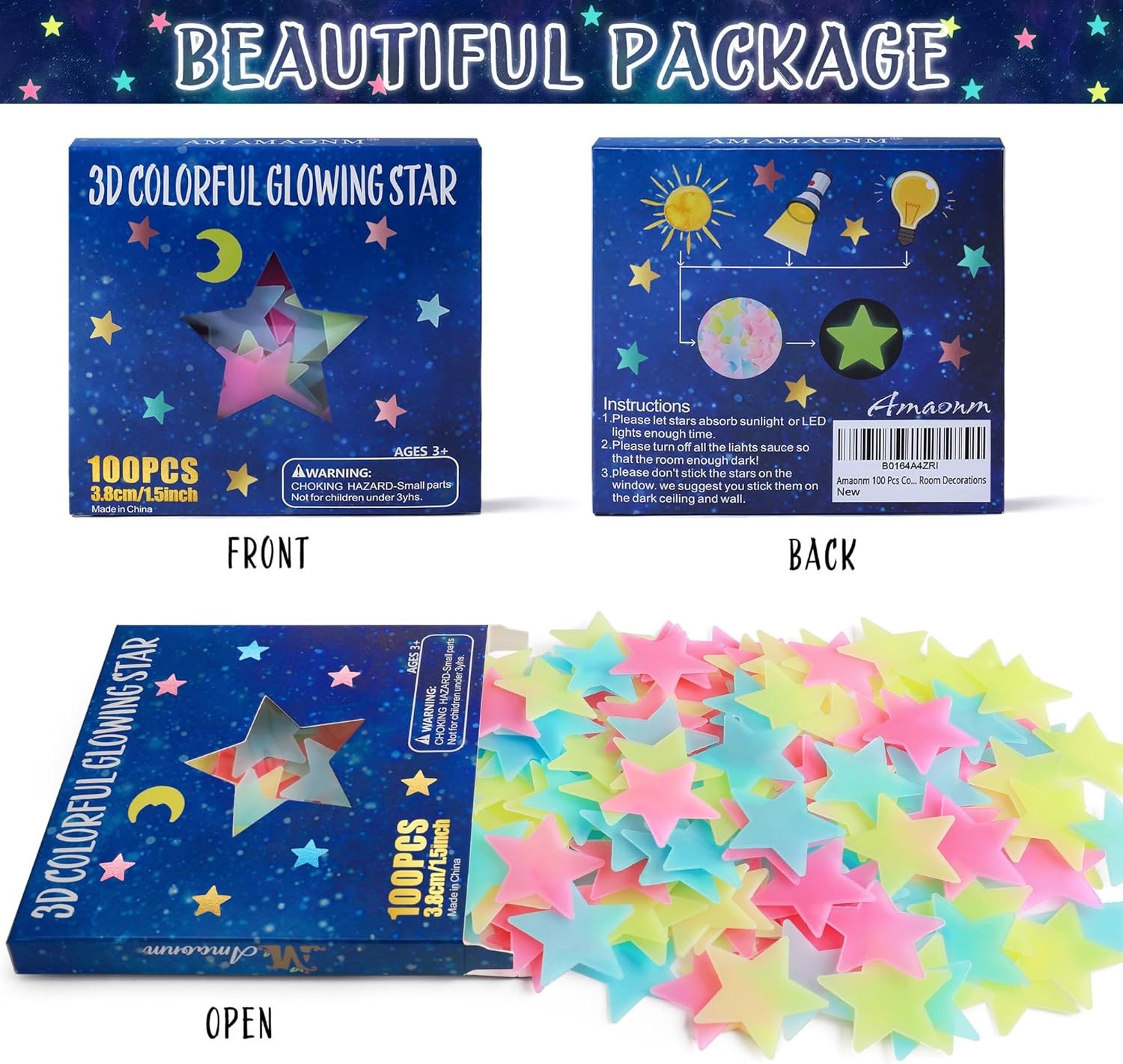 AM AMAONM 100 Pcs Colorful Glow in The Dark Luminous Stars