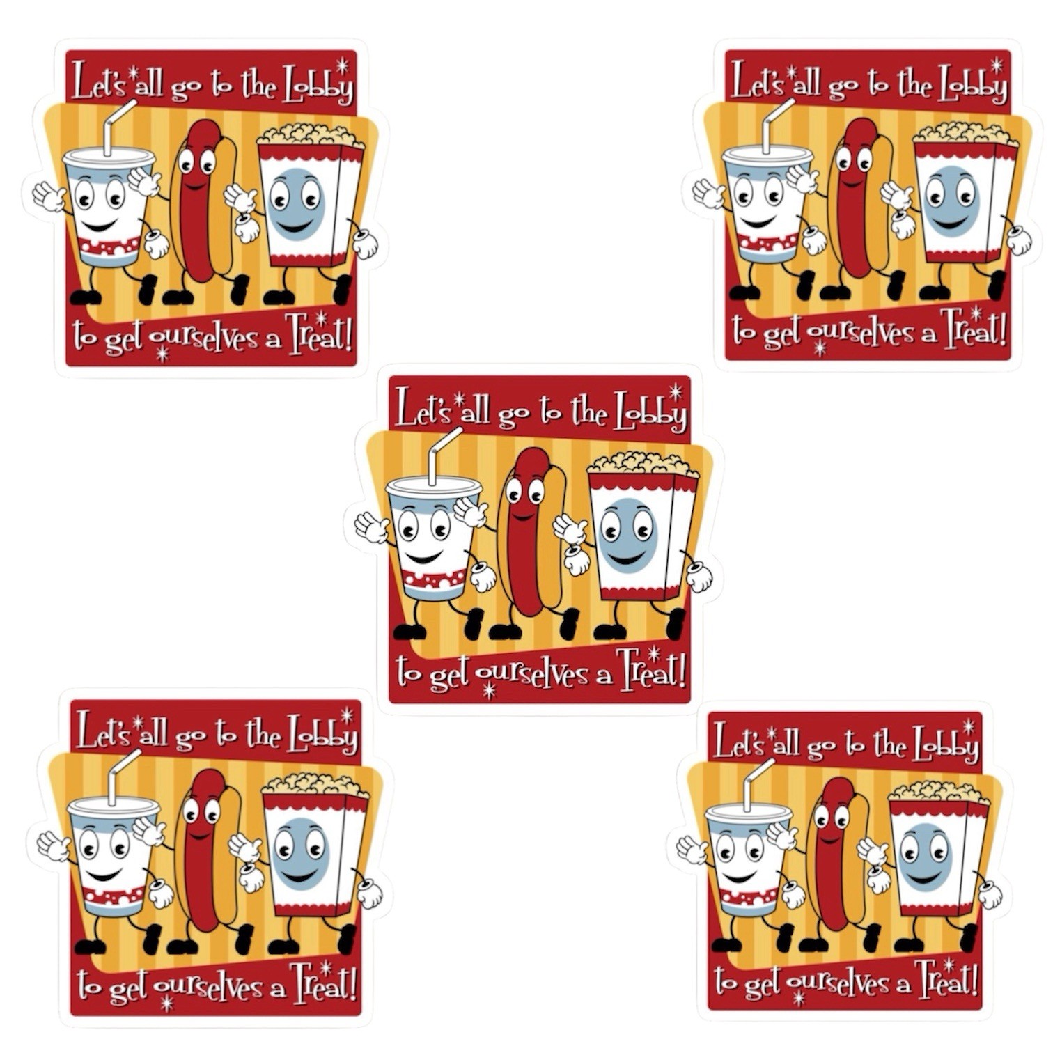 5 PACK Let's All Go to the Lobby 2” Vinyl Sticker Decal Movie Theatre Snack Food