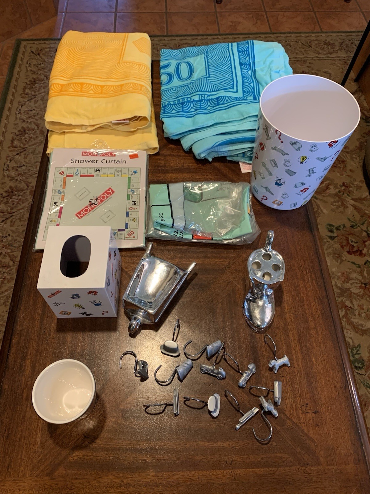 Monopoly Bathroom Set:Towels, shower curtain, garbage can, etc.(see description)
