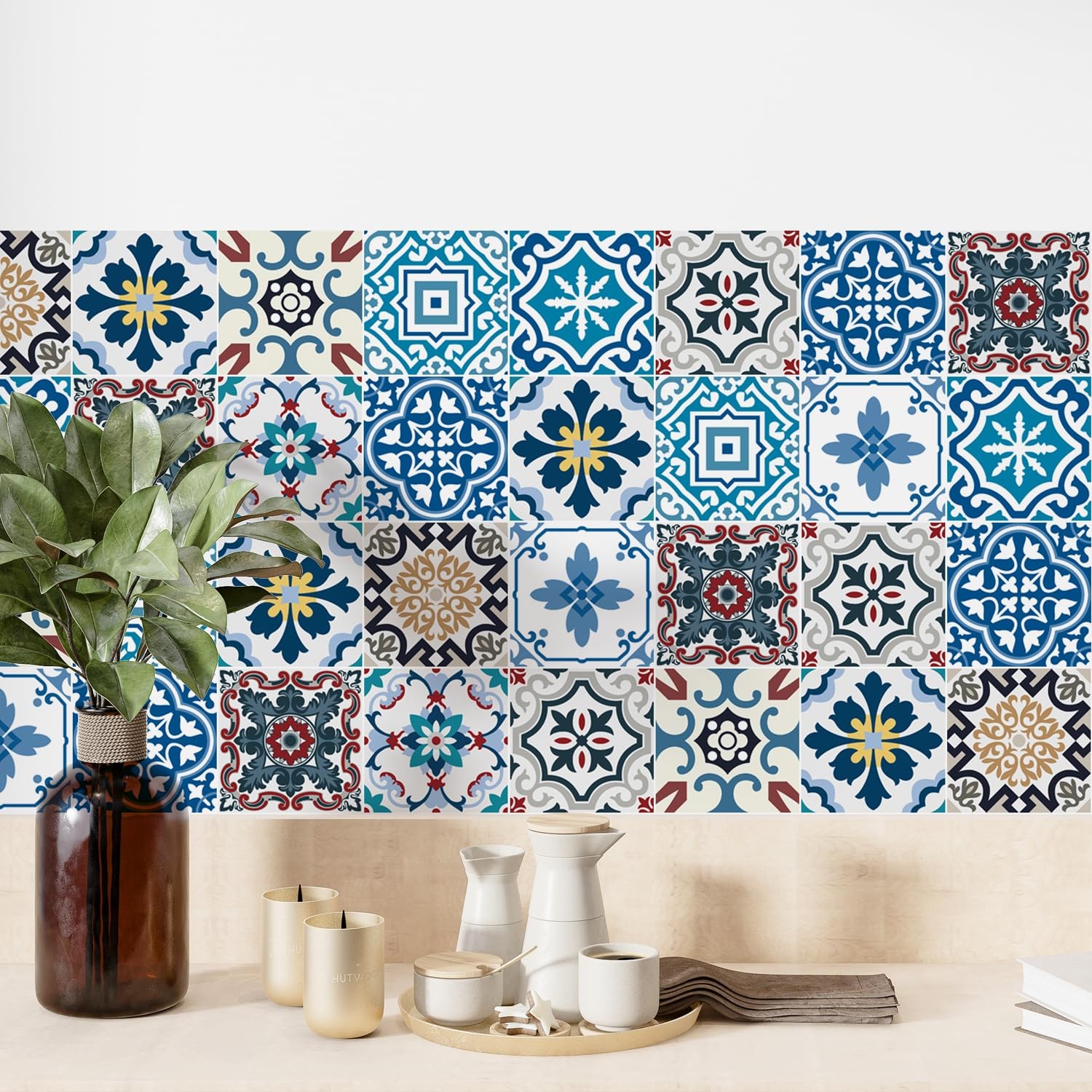 30 Pack, 4×4 Inch Eclectic Mediterranean Tile Stickers, Colorful Mosaic Peel …
