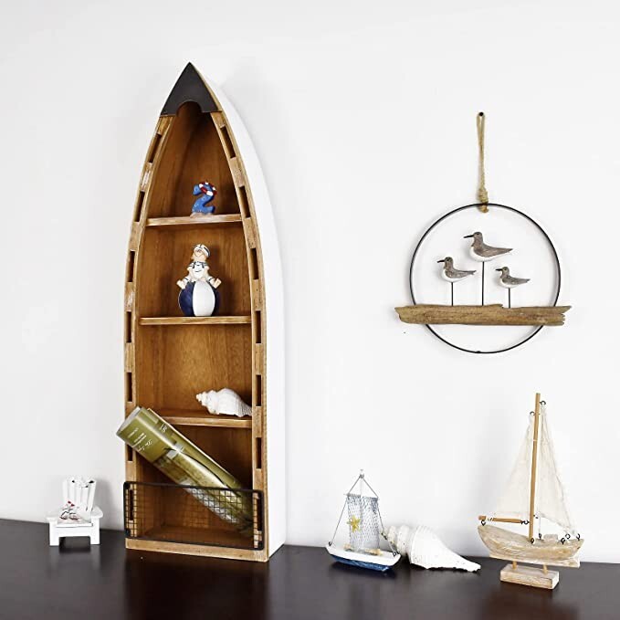 Solid Wood Boat Shelf Decorative Nautical Wall Decor Bookcase Large Wooden 4-Tie