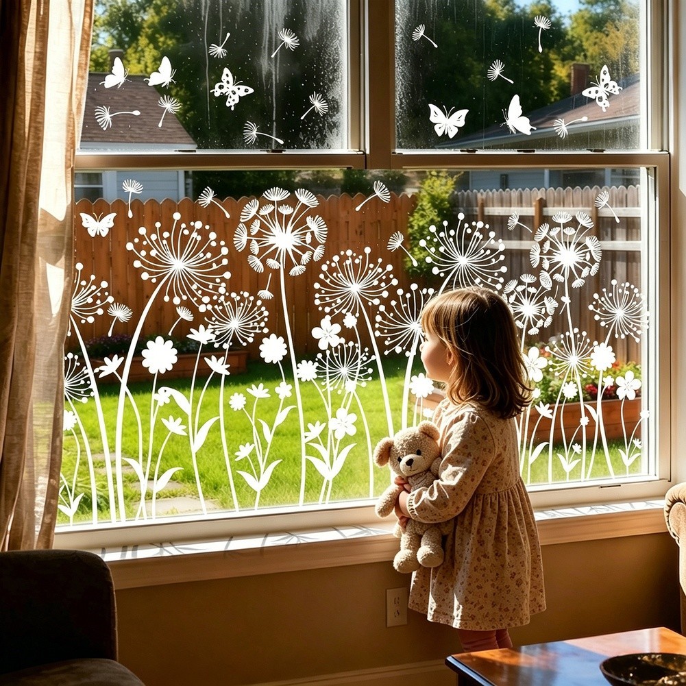Dandelion Wall Decal White Static Cling Sticker for Windows and Glass Doors