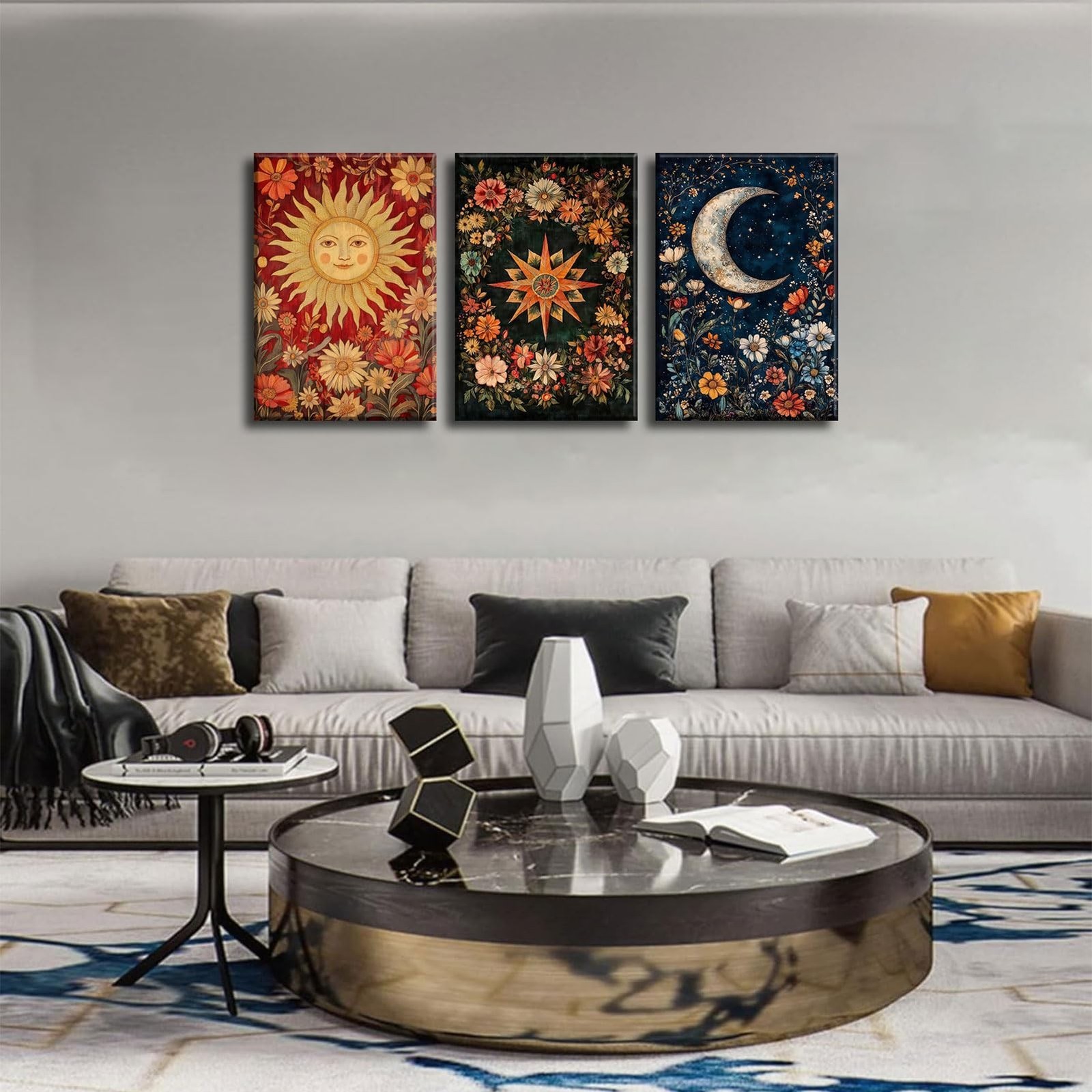 3Pcs Tarot Canvas Wall Art Sun And Moon Celestial painting Decor Pictures Ast…