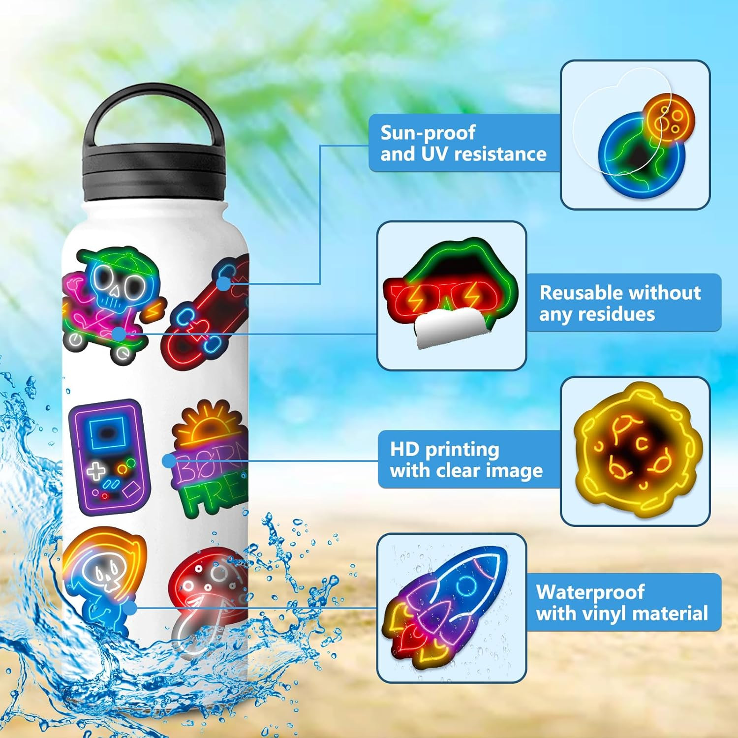 Water Bottle Stickers 100 Pcs Cool Cute Neon Sticker Packs, Prizes for Kids Clas