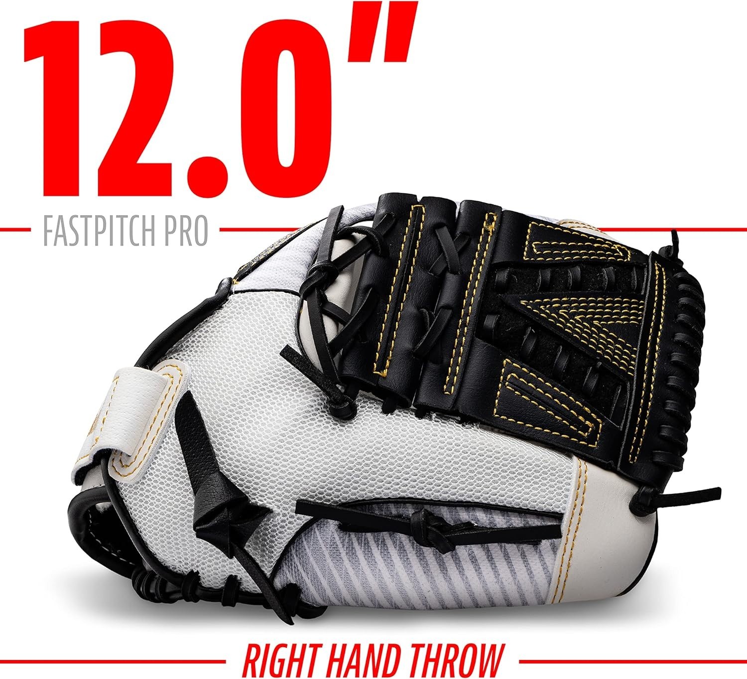 12" White & Gold Softball Glove – Adjustable, Breathable Mesh for All Players