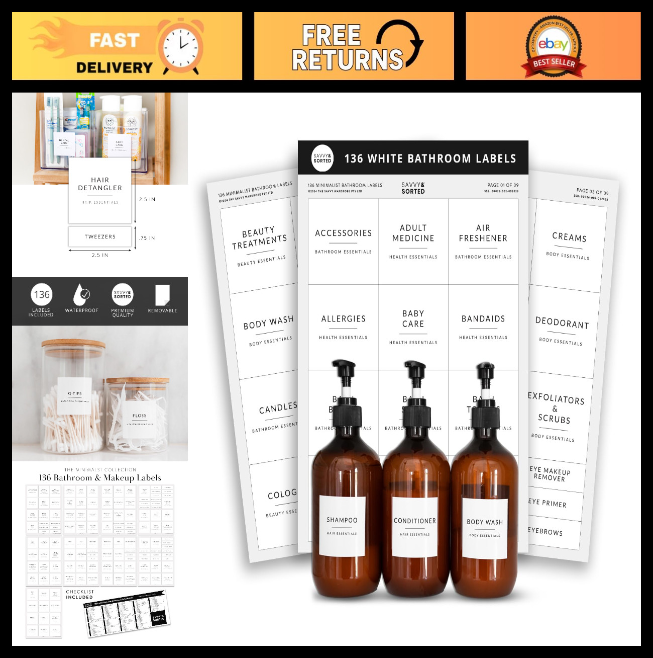 136 Waterproof Minimalist Bathroom Labels – Removable Stickers for Organizing So