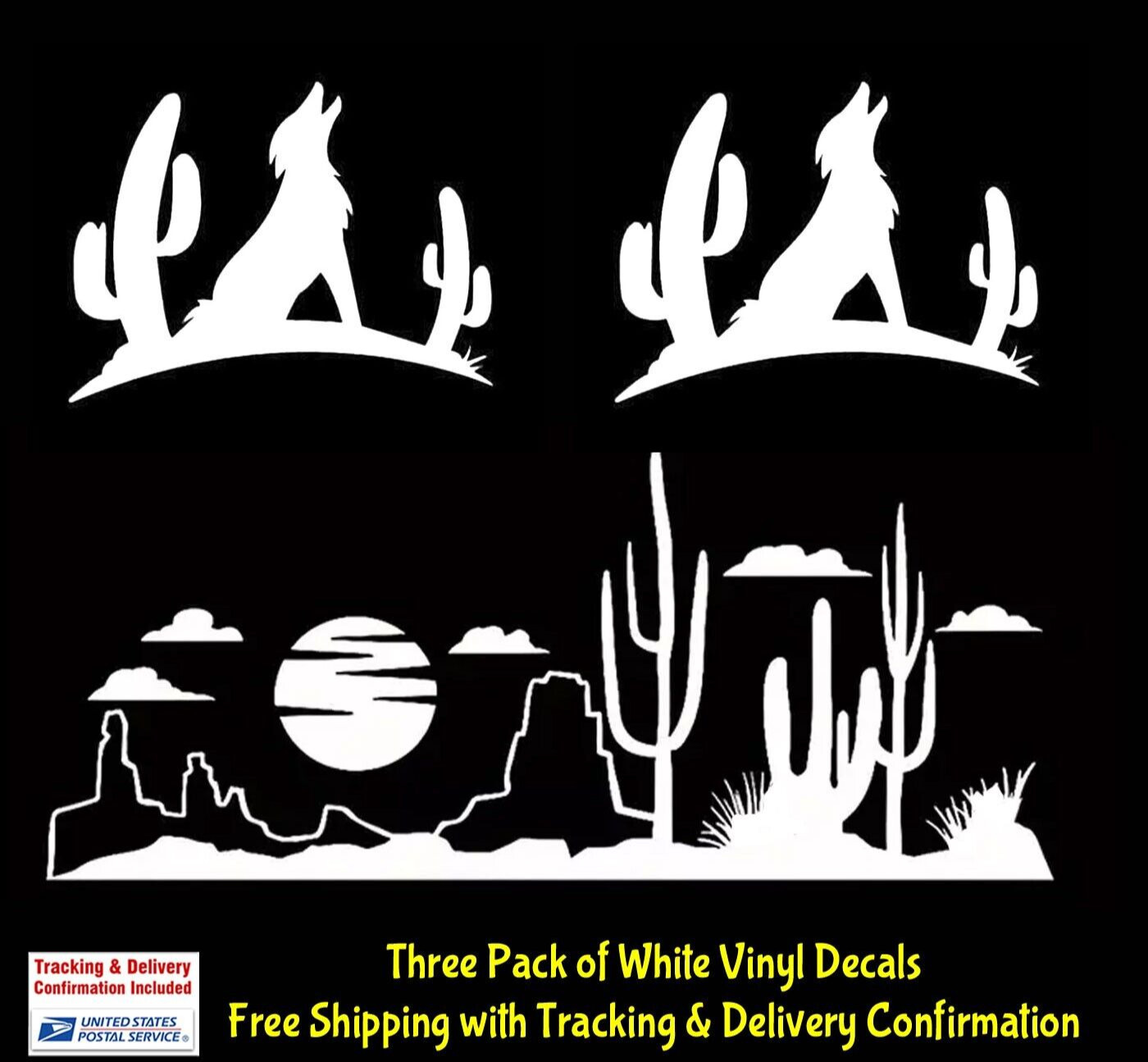 Cactus Coyote Desert Scene 3 White Vinyl Decal Car Window Laptop Tablet Notebook