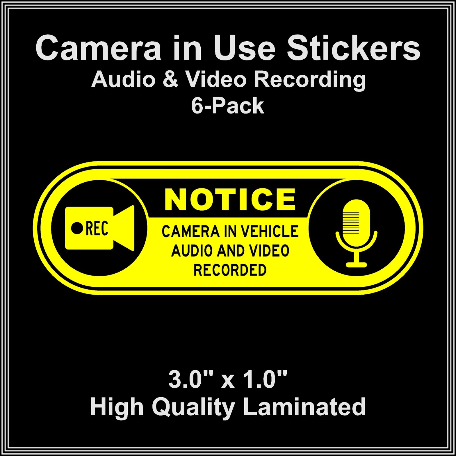 Camera in Car Recording Video 6-Pack Decals Yellow & Black 3.0" x 1.0" for Uber