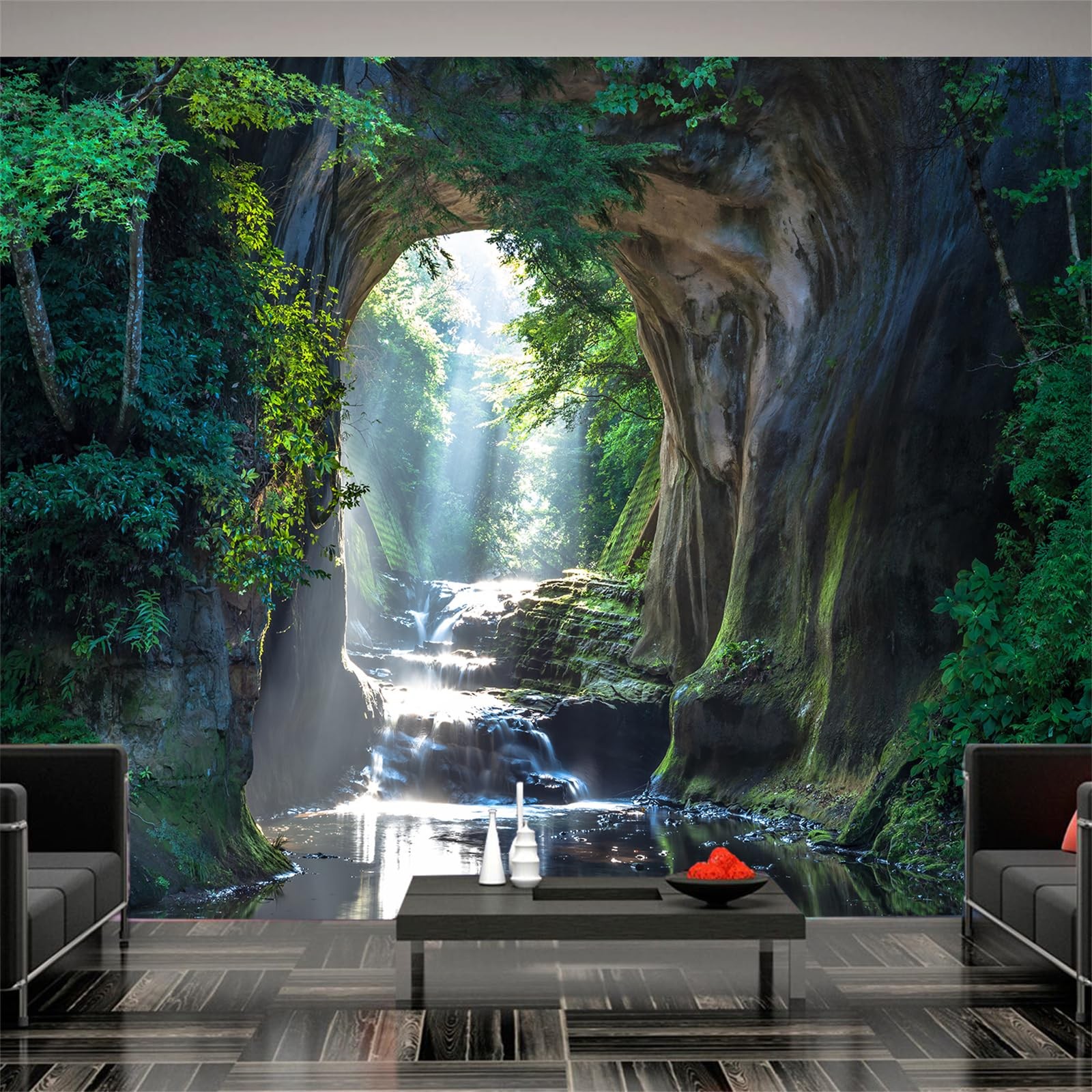 Waterfalls Flow Through Cave Peel and Stick Wall Murals 118"x78.7"-Self-Adhes…