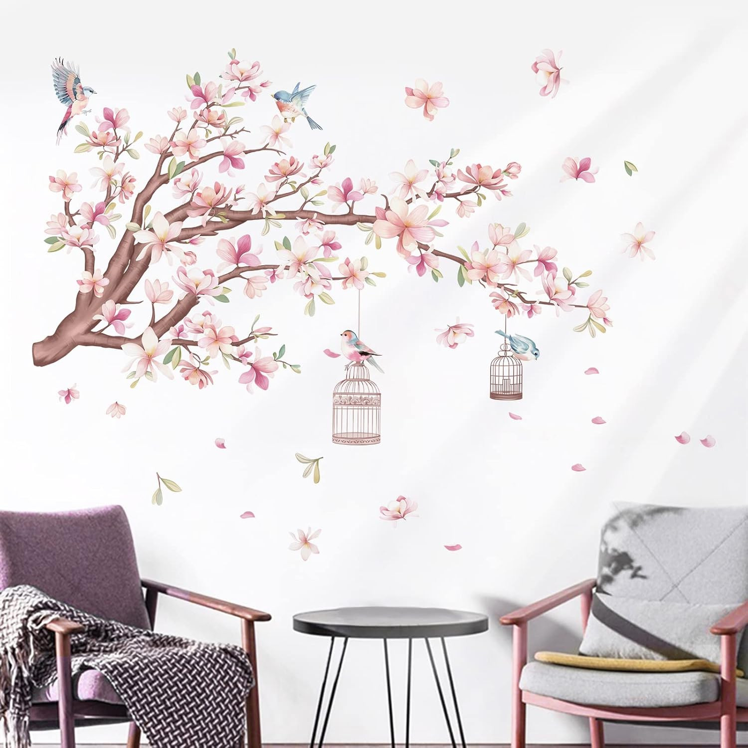 Cherry Blossom Flowers Wall Stickers Pink Magnolia Floral Tree Branch Birds Peel