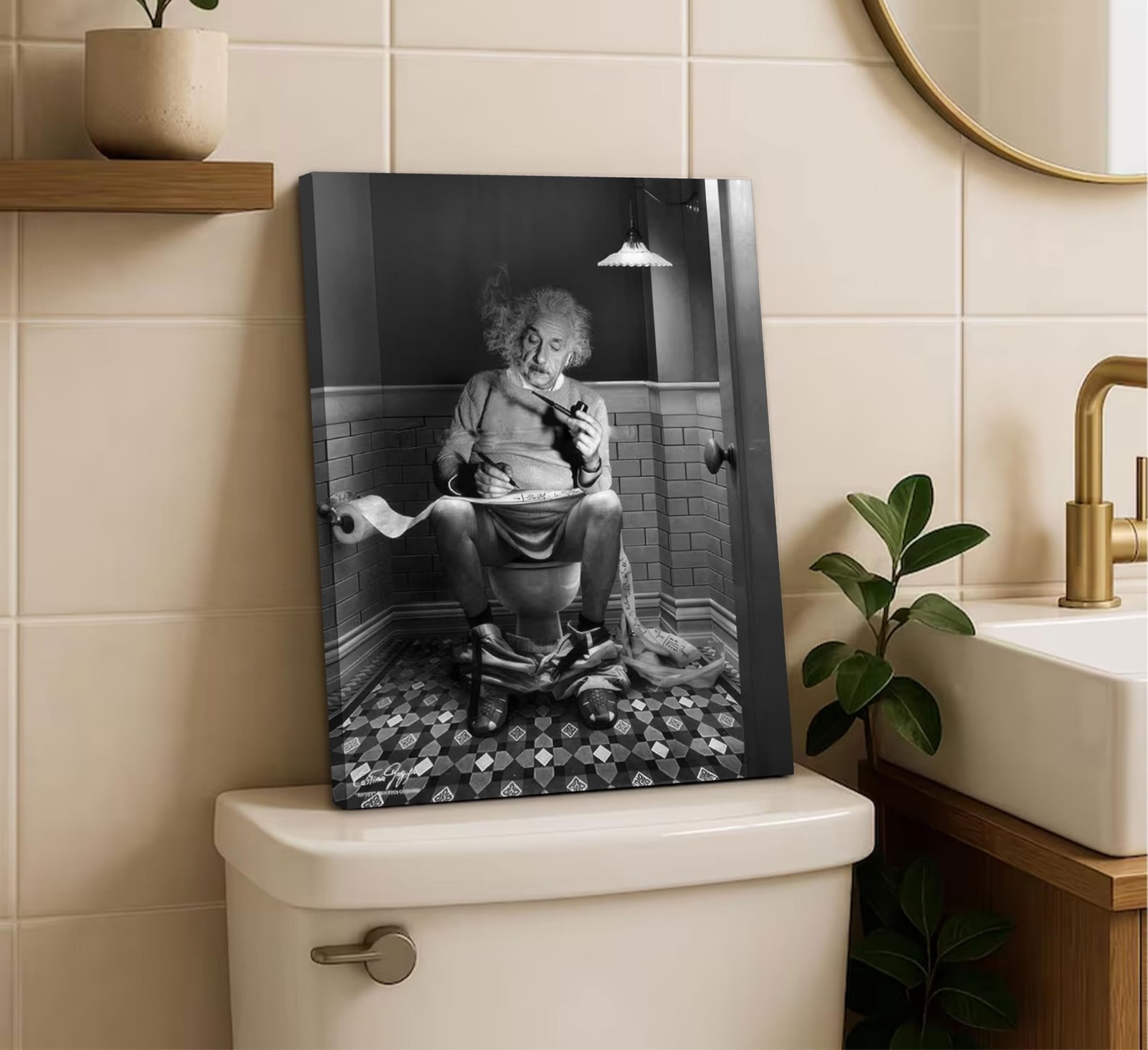 Funny Bathroom Canvas Wall Art Reading Newspaper On Toilet Picture Black and …
