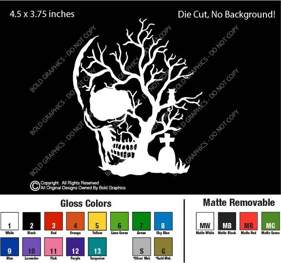 4.5" Skull Tree Decal Sticker Spooky Gothic Halloween Black Cat Grave Goth Core