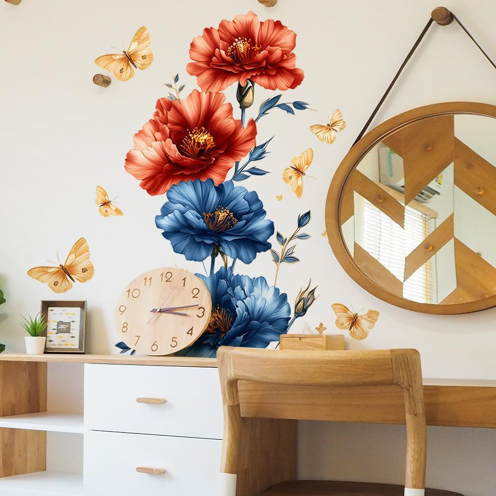 Flower Wall Stickers, Blue Peony & Purple Roses Mural for Room Decor