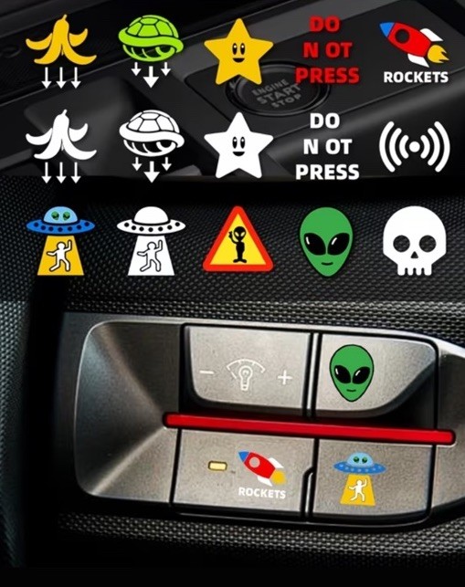Set of 15 Funny Blank Car Buttons- Eject Seat, Banana, Mario Cart, Rocket, Siren